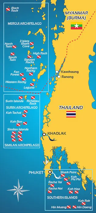 Mapa destynacji nurkowych: Khao Lak, Phuket, Wyspy Similan, Surin, Richelieu Rock, Wyspy Południowe
