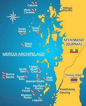 Mapa miejsc nurkowych w Myanmarze (Birmie): Archipelag Mergui, High Rock, Shark Cave, Black Rock