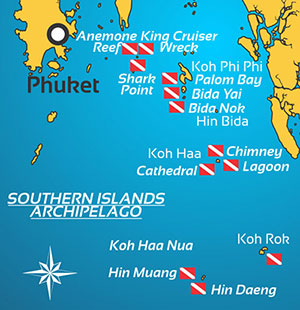 Mapa miejsc nurkowych: Hin Muang, Hin Daeng, Koh Haa, Koh Phi Phi