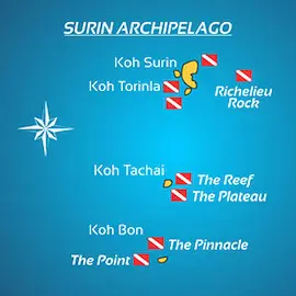Mapa miejsc nurkowych archipelagu Surin i Richelieu Rock